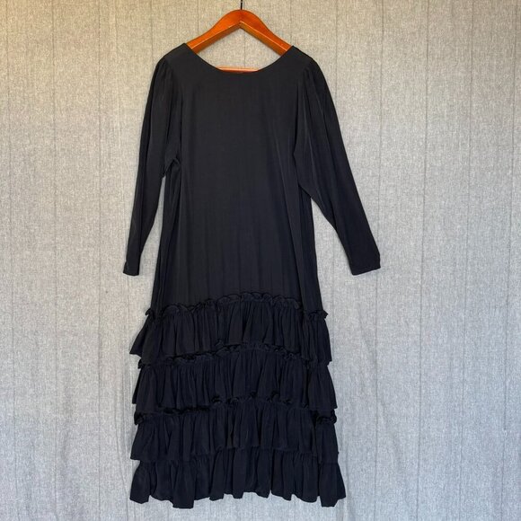 Vintage Anna Bella Designs Black Rayon Long Puff Sleeve Ruffle Hem Maxi Dress - Picture 5 of 11